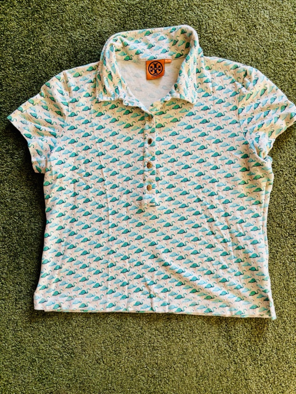 Sz L Tory Burch Cropped Cream Golf Polo with Teal Flamingo Print - Picture 8 of 9